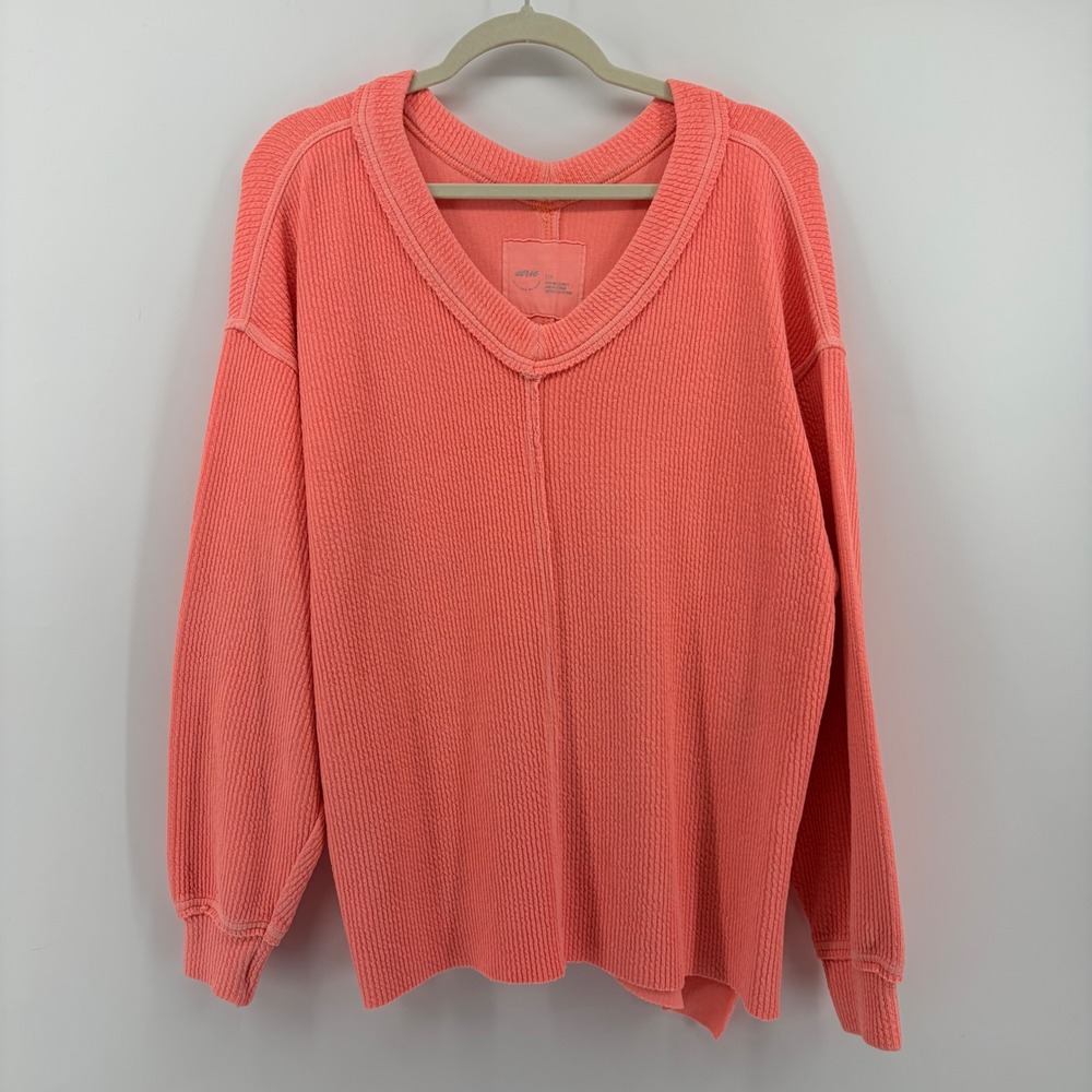 Aerie Womens Small Coral Pink Waffle Knit V-Neck Oversized Sweatshirt Raw Hem‎
